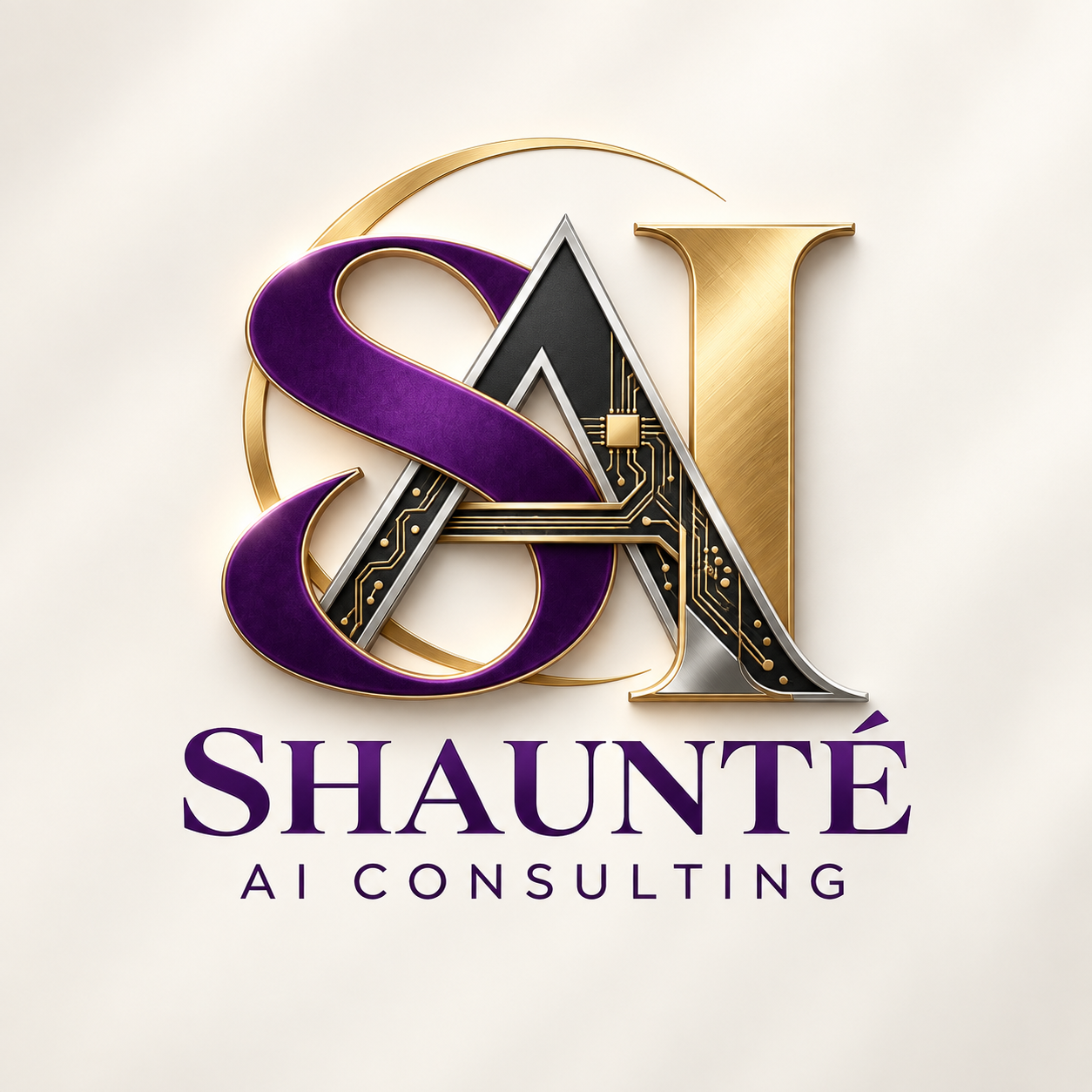 Shaunté AI Consulting purple, gold, and black monogram logo
